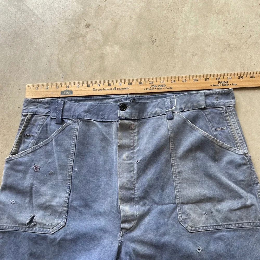 Vintage 40s French Workwear Chore Pants Blue Faded Distressed Button Fly 38x28